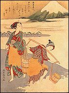 Harunobu: Salt Maidens on the Tago-no-ura Beach with Mount Fuji Behind